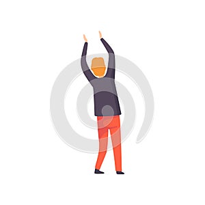 Young Man Standing with Raised Hands at Open Air Festival, Back View, Outdoor Summer Concert Vector Illustration
