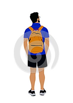 Young man standing rear view with backpack.
