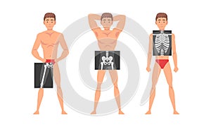Young Man Standing in Undershorts with His Skeleton X-ray Vector Set