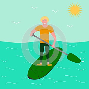 Young man standing up on paddle board, surfing in ocean or sea, vector