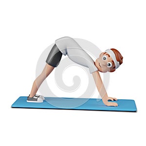 Young man is standing in yoga pose. Muscle stretching, training
