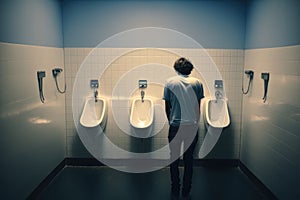 A young man stands by the urinals in a public toilet, Generative AI