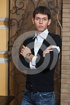 Young man stay in espress bar.