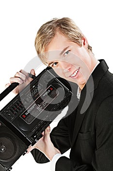 Young man with stereo