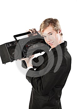 Young man with stereo player