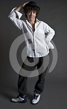 Young man in stretched shirt