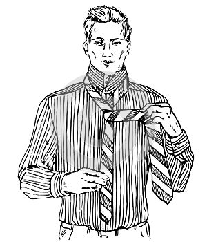 Young man in striped shirt tie a tie, black and white vector doodle