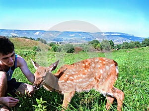 Young man stroking a sad little deer on nature.