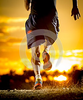 Young man strong legs off trail running at amazing summer sunset in sport and healthy lifestyle