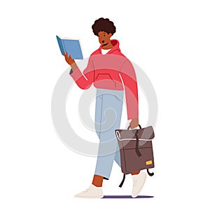 Young Man Student Character with Bag in Hand Reading Book. College or University Education, Prepare to Exam, Knowledge
