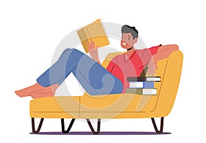 Young Man Student Character Reading Book Lying on Couch. Bookworm Male Character Enjoying Reading, Gaining Education