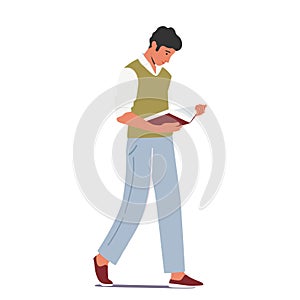 Young Man Student Character Reading Book while Walking. Bookworm Male Character Enjoying Reading, Gaining Education