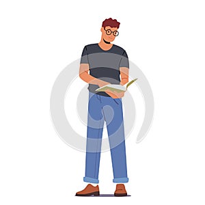 Young Man Student in Glasses Stand with Book in Hands Isolated on White Background. Male Character Bookworm Reading