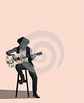 Young man, stylish musician playing guitar made of flowers over light background. Concept of music, love, spring