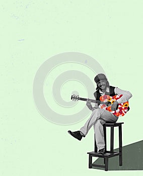 Young man, stylish musician playing guitar made of flowers over light background. Concept of music, love, spring