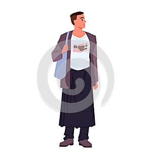 Young man with stylish trendy clothes and bag standing, classy portrait of male model
