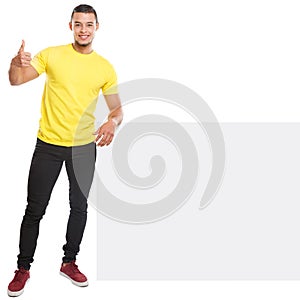 Young man success successful copyspace marketing ad advert empty blank sign isolated on white
