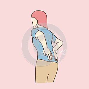 Young man suffering from backache, vector illustration.