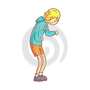 Young man suffering from stomach pain. Colorful cartoon character