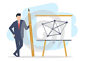A young man in a suit draws a graph on a blackboard. Vector illustration