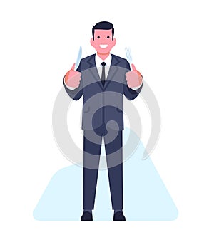 Young man in suit holds knife and fork. Hungry guy ready for dinner. Food eating. Happy businessman with dining cutlery