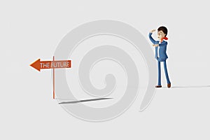 Young man in suit looking and pointing towards future. 3D Rendering
