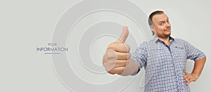 Young man in suit with thumbs up hand. Business success. Web article template. Long header banner format. Sale coupon. Visit card.