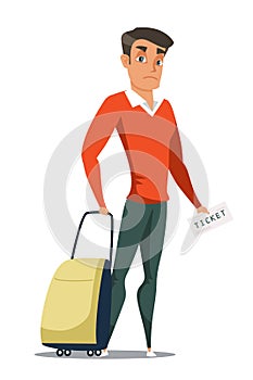 Young man with suitcase and ticket flat character