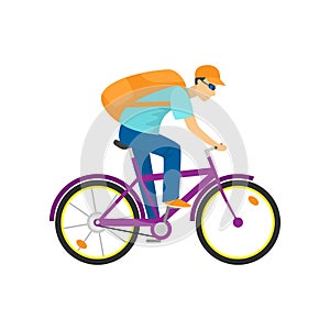 Young man in sunglasses and big backpack riding purple bicycle at high speed