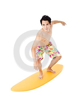 Young man with surfboard isolated on white