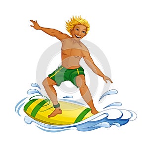 A young man on a surfboard on the wave. Holidays in the Hawaiian Islands.