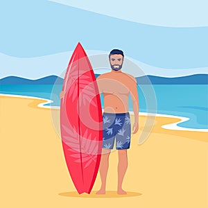 Young man surfer with surfboard standing on the beach. Smiling surfer guy. Vector illustration