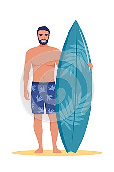 Young man surfer with surfboard standing on the beach. Smiling surfer guy. Vector illustration