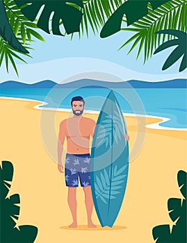 Young man surfer with surfboard standing on the beach. Smiling surfer guy. Vector illustration