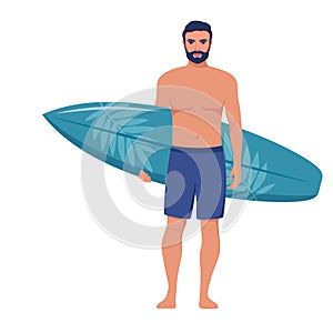 Young man surfer with surfboard standing on the beach. Smiling surfer guy. Vector illustration