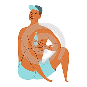 Young man in swimming trunks, cap cute cartoon character illustration.