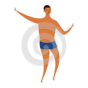 Young man in swimming trunks jumping cute cartoon character illustration.