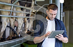 Young man with tablet pc and cows on dairy farm