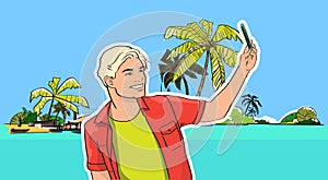 Young Man Take Selfie Photo Beach Sea Shore On Cell Smart Phone Tropical Summer Vacation