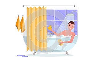 Young man taking bathtub with bubble foam. Bathroom home interior with bath in tile with shower curtain. Guy holding washcloth on