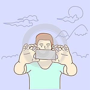 Young man taking a photo with a smartphone. Taking a selfie. Vector illustration.