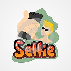 Young man taking selfie with smartphone simple flat style vector illustration