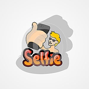 Young man taking selfie with smartphone simple flat style vector illustration