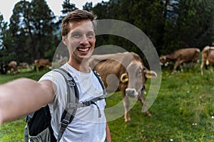 Young man taking a selfie with a swiss cow