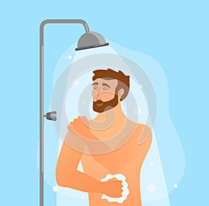 Young man taking shower cartoon vector illustration. Happy guy washing his head.