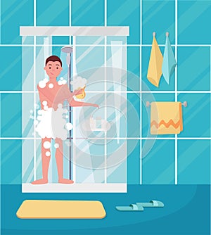 Young man taking shower. Happy guy washing his head, hairs, body with soap under water. Routine hygiene procedure in bathroom