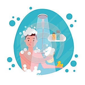 Young man taking shower - round shape composition. Happy guy washing his head, hairs, body soap under water. Routine hygiene