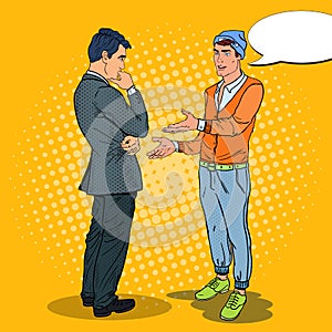 Young Man Talking with Businessman. Pop Art illustration