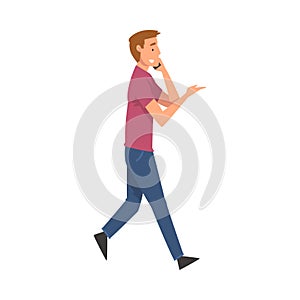 Young Man Talking on Smartphone While Walking, Person Using Digital Gadget Vector Illustration