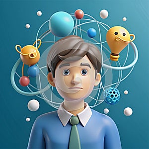 Young man with tangled thoughts. Business problem solving concept, online communication problem and question resolution. 3d vector